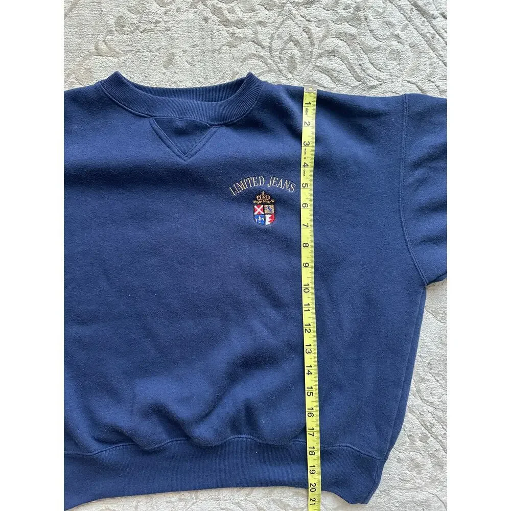 Vintage 90s Limited Jeans Sweatshirt Navy Blue Crest Logo M Cropped Sleeves - Picture 3 of 7